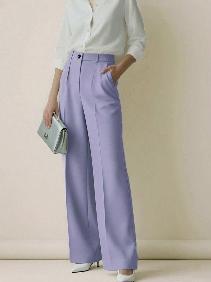 Simone High-Waist Pleated Wide-Leg Trousers with Pockets - Light Purple