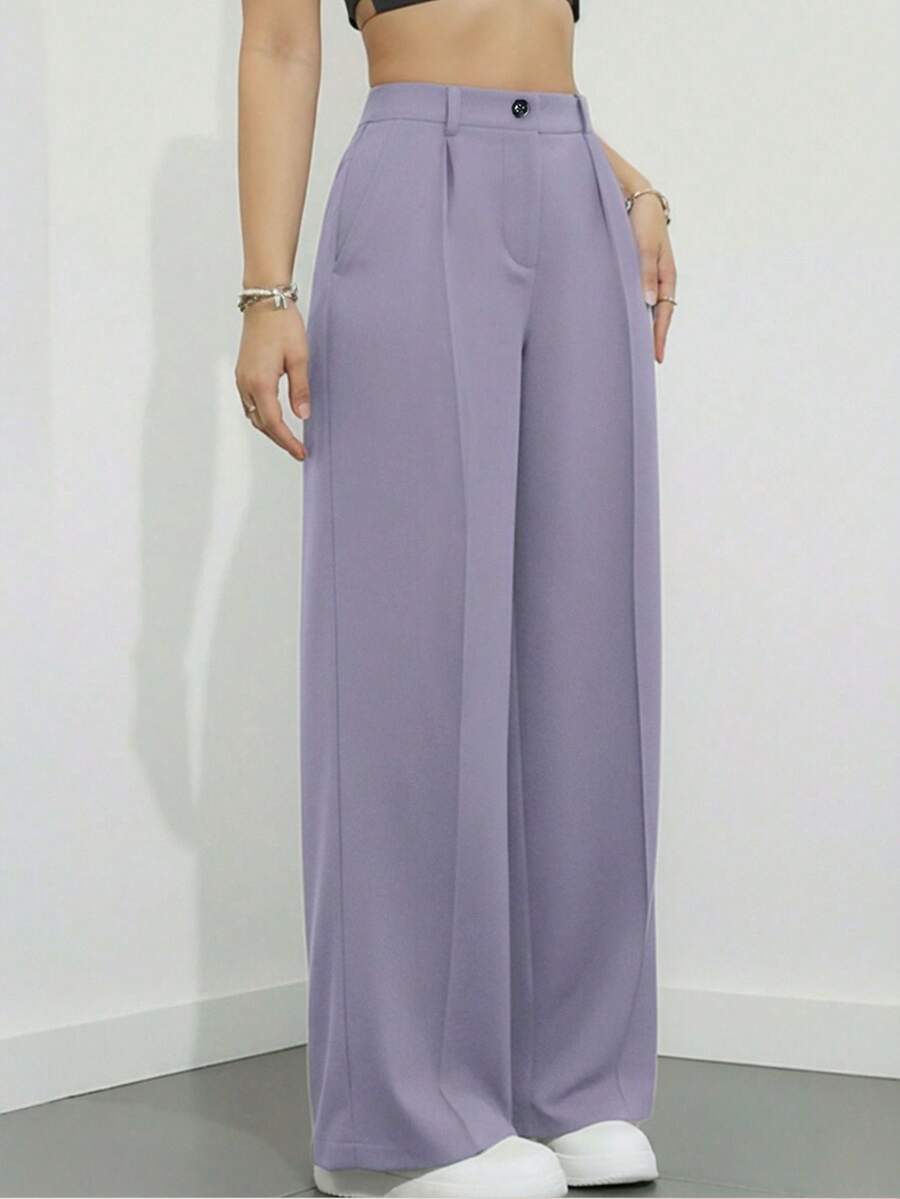 Simone High-Waist Pleated Wide-Leg Trousers with Pockets - Light Purple