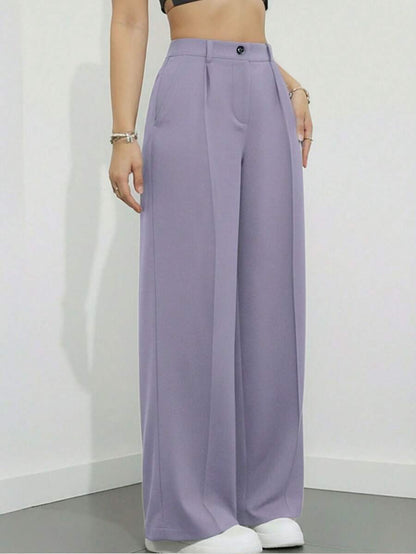Simone High-Waist Pleated Wide-Leg Trousers with Pockets - Light Purple