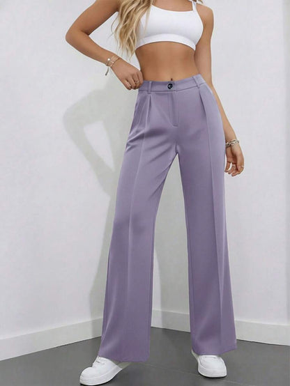 Simone High-Waist Pleated Wide-Leg Trousers with Pockets - Light Purple