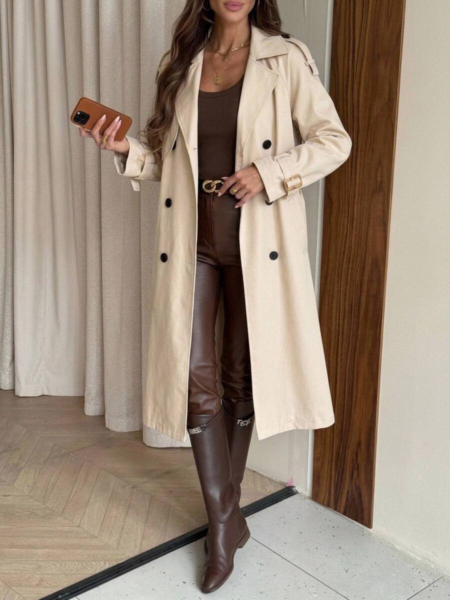 Delia Belted Double Breasted Trench Coat with Raglan Sleeves - Camel