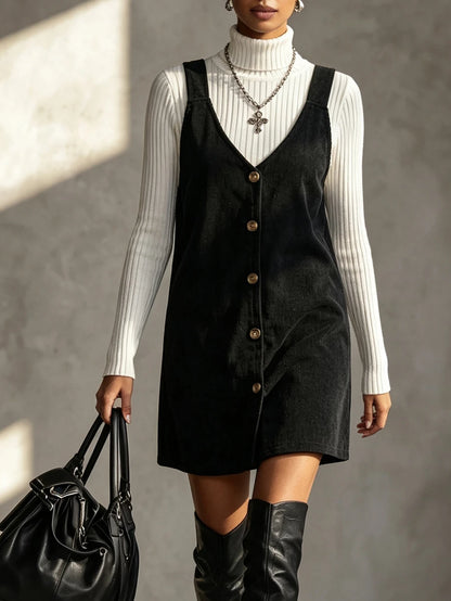 Ottilie Corduroy Button Front Pinafore Mini Dress - Black