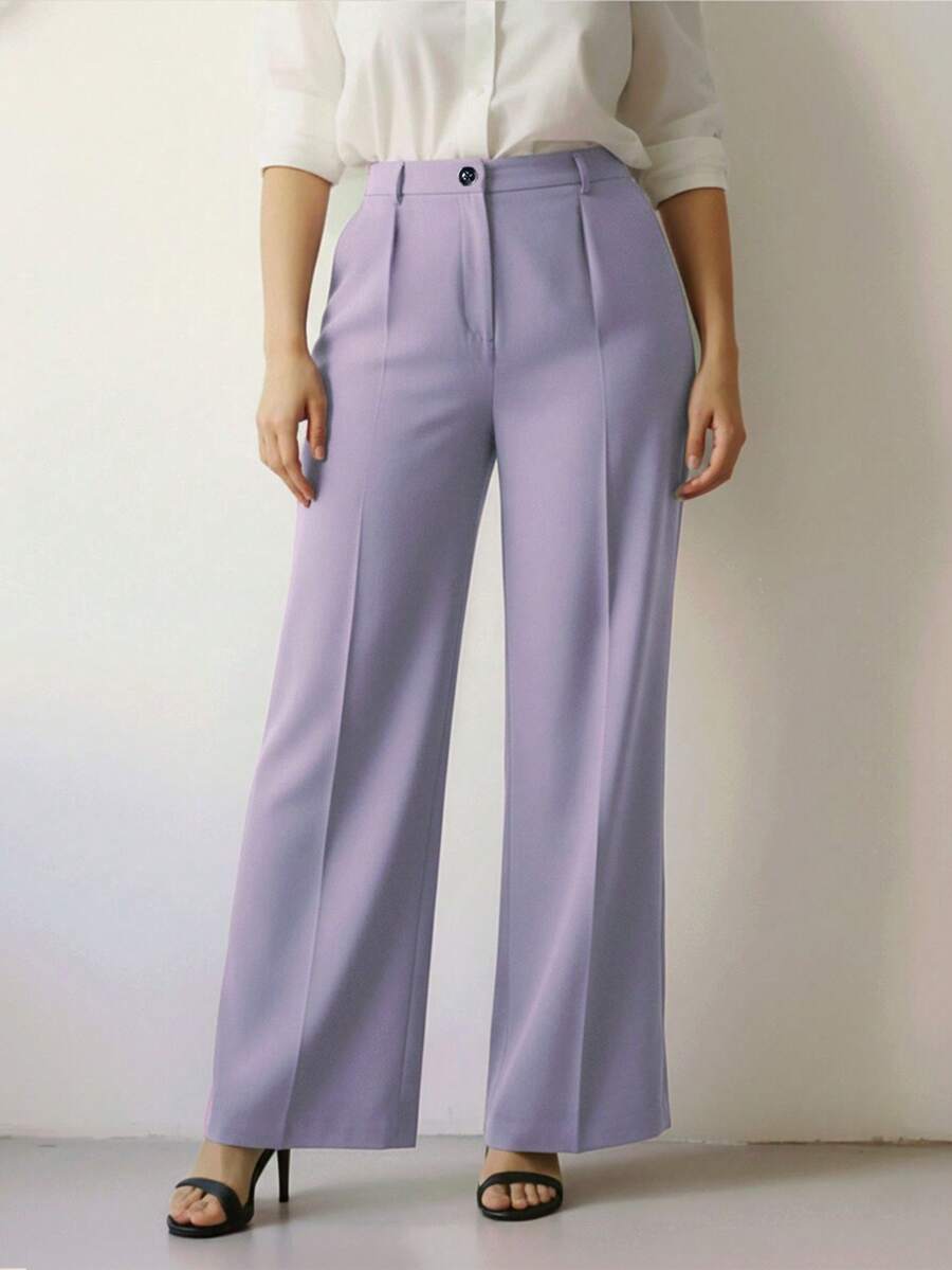 Simone High-Waist Pleated Wide-Leg Trousers with Pockets - Light Purple