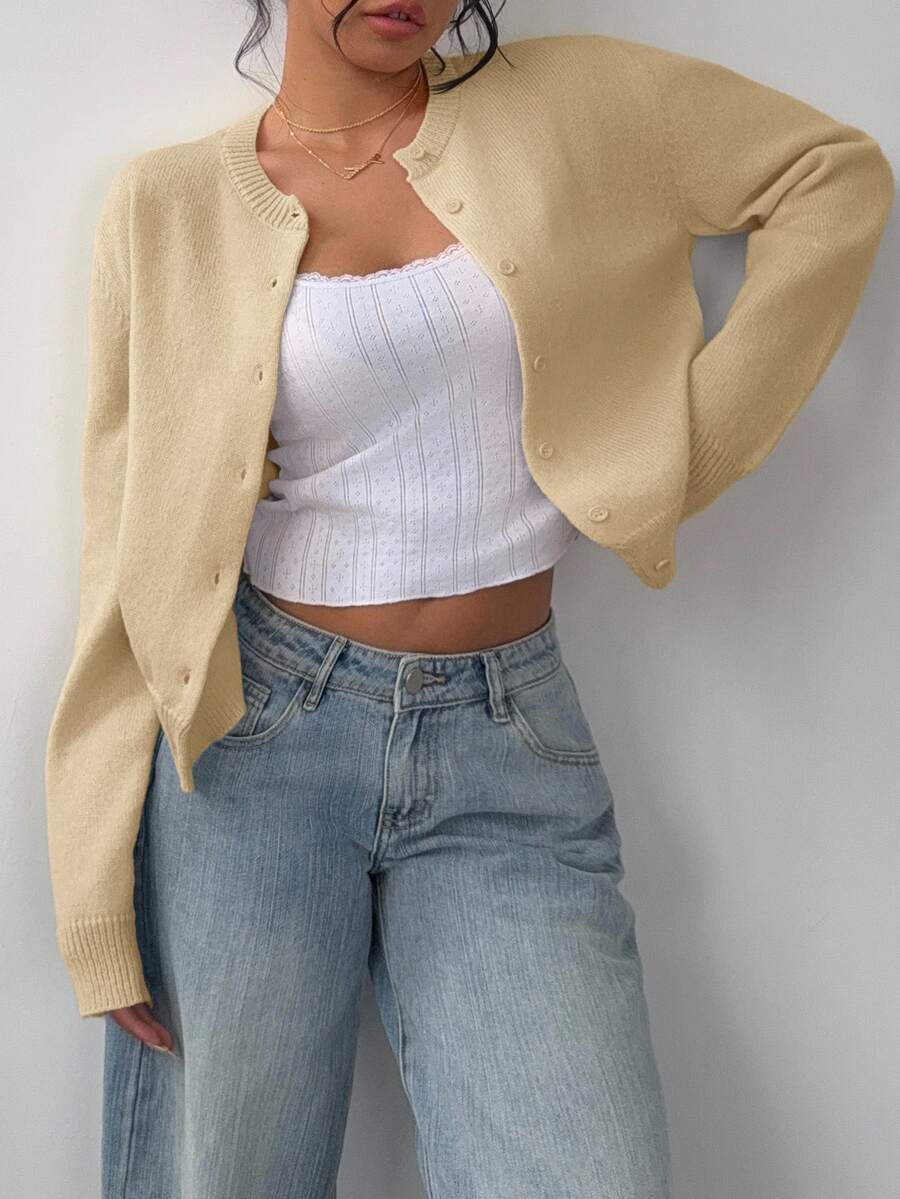 Elowen Round Neck Cropped Cardigan - Beige