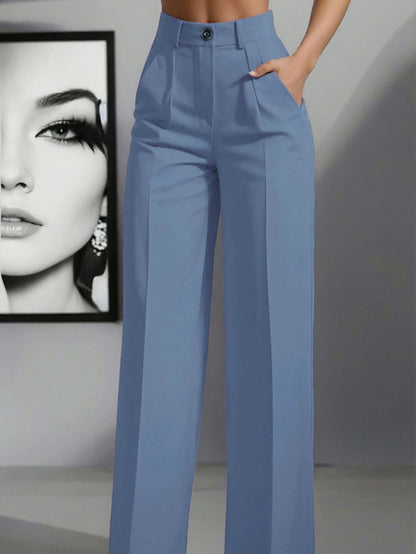 Simone High-Waist Pleated Wide-Leg Trousers with Pockets - Blue