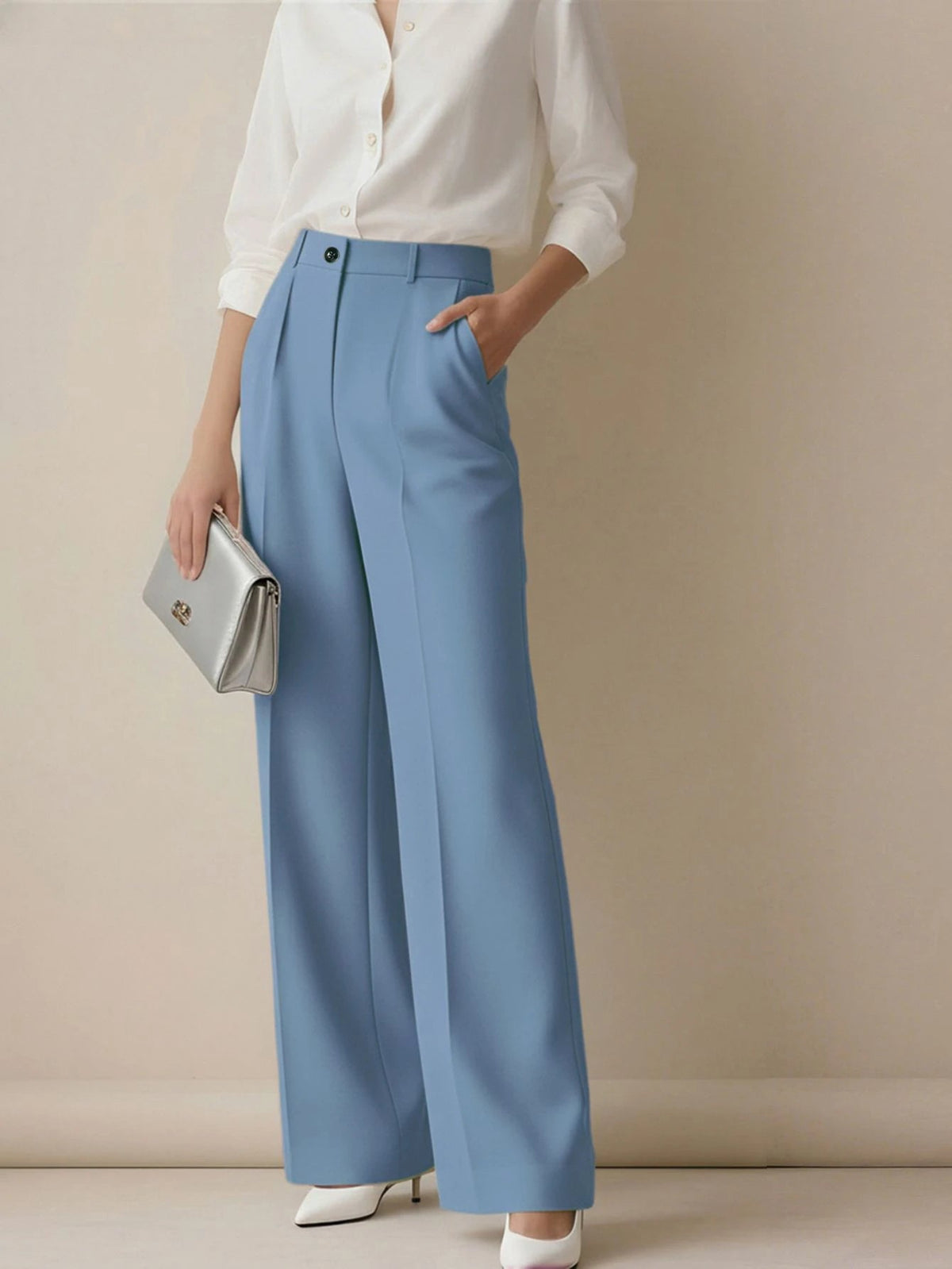 Simone High-Waist Pleated Wide-Leg Trousers with Pockets - Blue