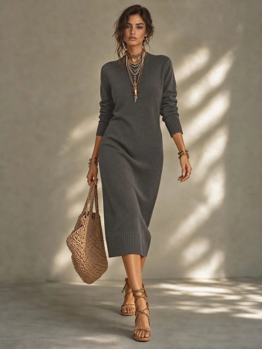 Budapest Mock Neck Raglan Sleeve Knit Midi Sweater Dress - Dark Grey