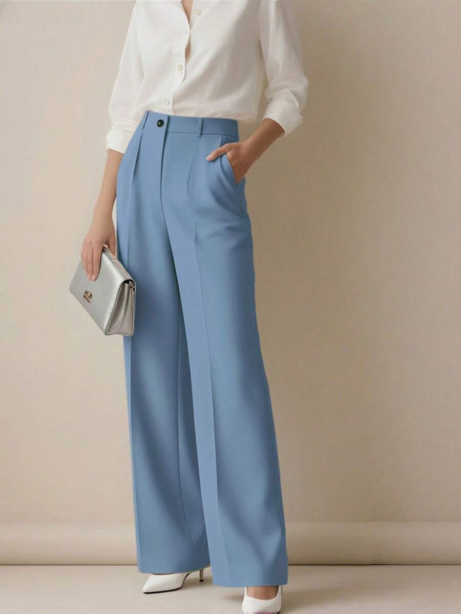 Simone High-Waist Pleated Wide-Leg Trousers with Pockets - Blue