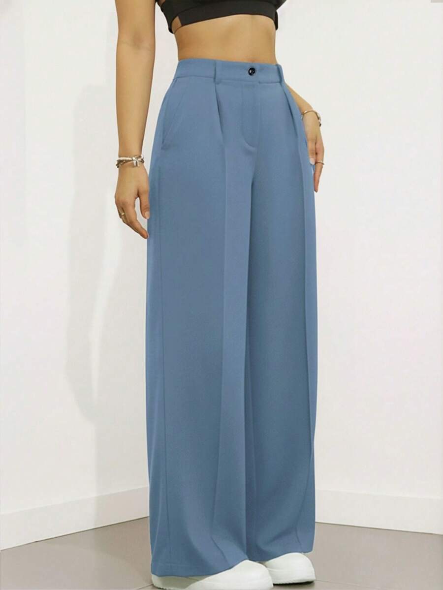 Simone High-Waist Pleated Wide-Leg Trousers with Pockets - Blue