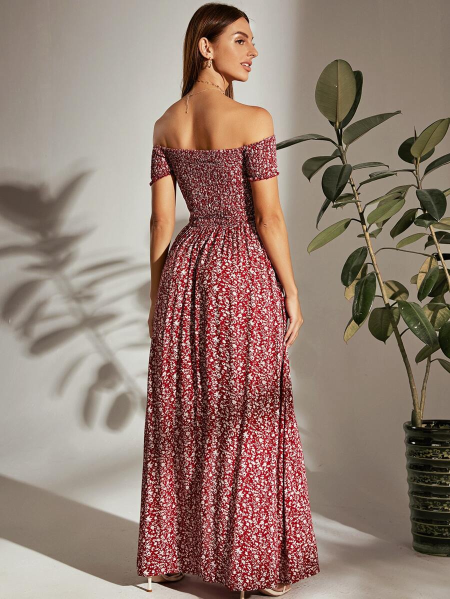Breezaya Off Shoulder Shirred Bodice M-Slit Hem Ditsy Floral Dress Burgundy Maxi Vacation Beach Outfits Women Mensa