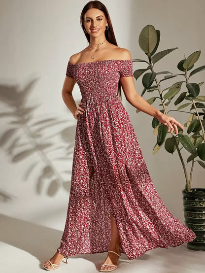 Breezaya Off Shoulder Shirred Bodice M-Slit Hem Ditsy Floral Dress Burgundy Maxi Vacation Beach Outfits Women Mensa