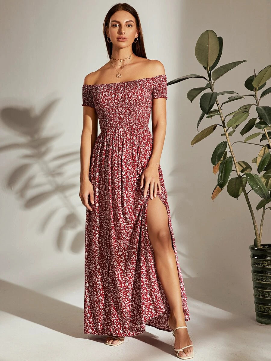 Breezaya Off Shoulder Shirred Bodice M-Slit Hem Ditsy Floral Dress Burgundy Maxi Vacation Beach Outfits Women Mensa