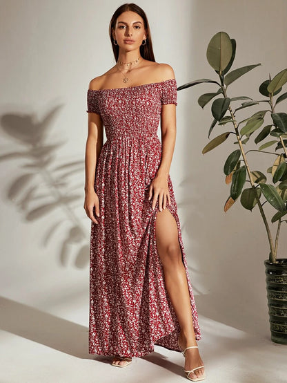 Breezaya Off Shoulder Shirred Bodice M-Slit Hem Ditsy Floral Dress Burgundy Maxi Vacation Beach Outfits Women Mensa