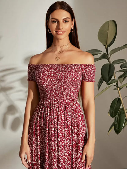Breezaya Off Shoulder Shirred Bodice M-Slit Hem Ditsy Floral Dress Burgundy Maxi Vacation Beach Outfits Women Mensa