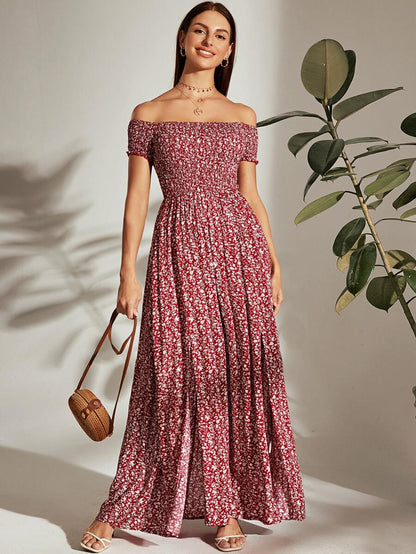 Breezaya Off Shoulder Shirred Bodice M-Slit Hem Ditsy Floral Dress Burgundy Maxi Vacation Beach Outfits Women Mensa