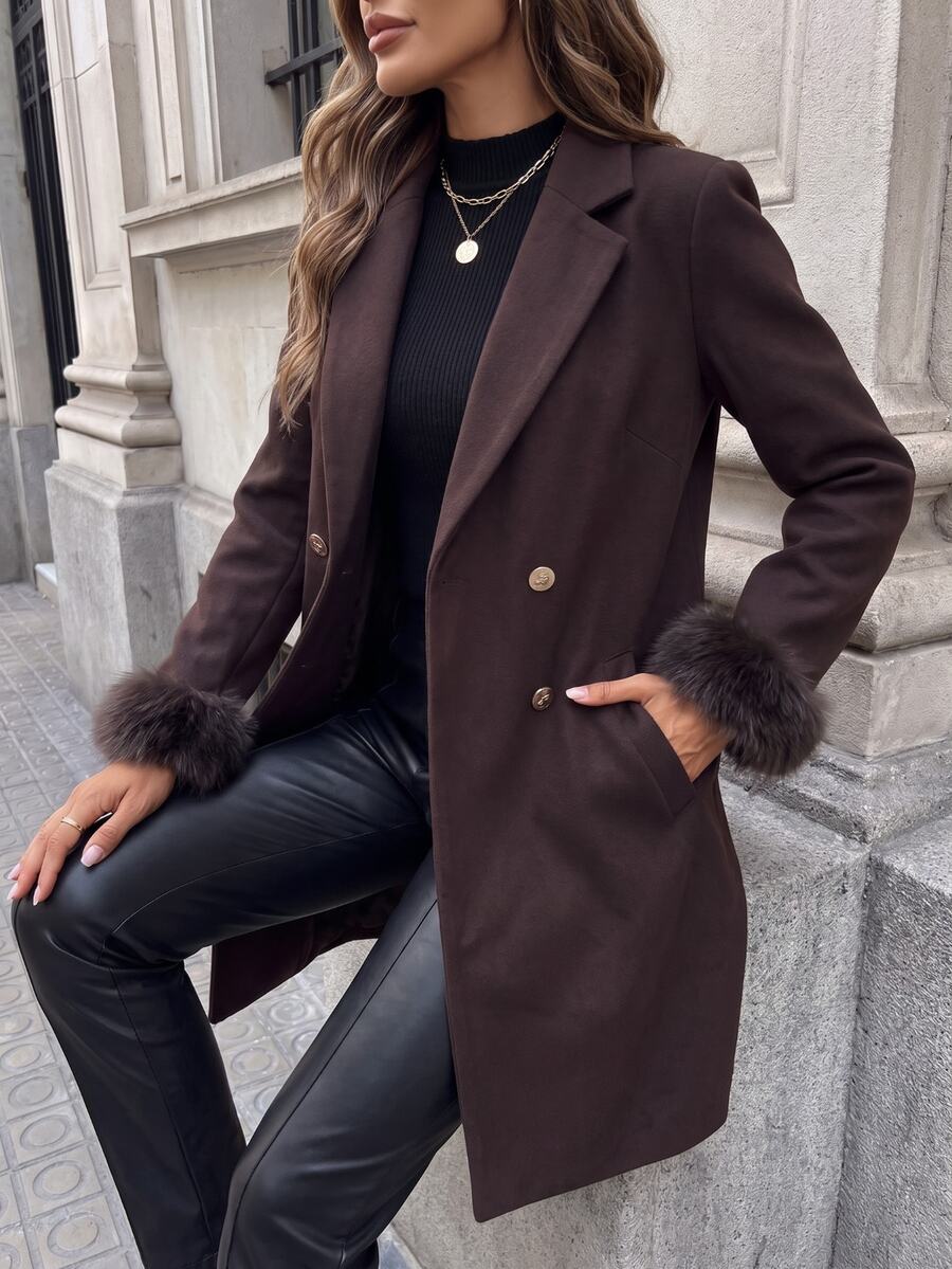 Aveline Double-Breasted Lapel Coat with Tailored Thigh-Length Cut - Coffee Brown