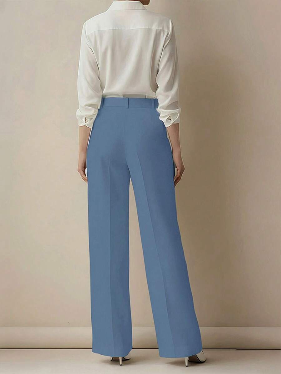 Simone High-Waist Pleated Wide-Leg Trousers with Pockets - Blue