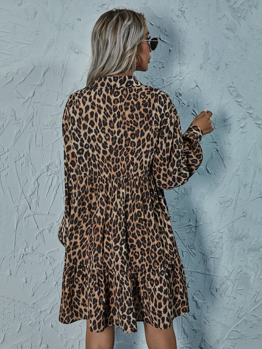 Cassis Leopard Print Ruffle Hem Collared Smock Dress
