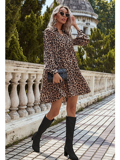 Cassis Leopard Print Ruffle Hem Collared Smock Dress