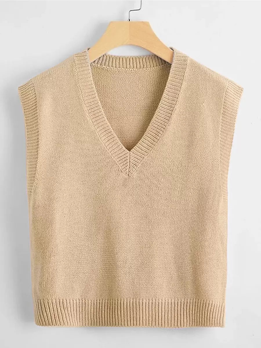 Marisa Fine Knit V-Neck Sleeveless Sweater Vest - Beige