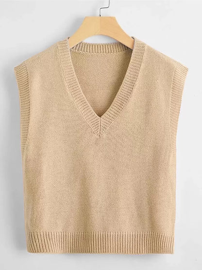 Marisa Fine Knit V-Neck Sleeveless Sweater Vest - Beige