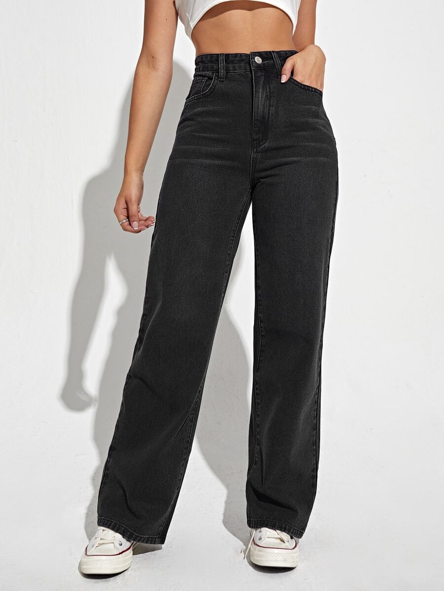 Utrecht High Waist Straight Leg Jeans with Slant Pockets - Black