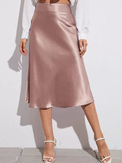 Women's Satin Midi Skirt, Side Zip Silky A-Line Skirt for Evening and Wedding Guest - Dusty Pink