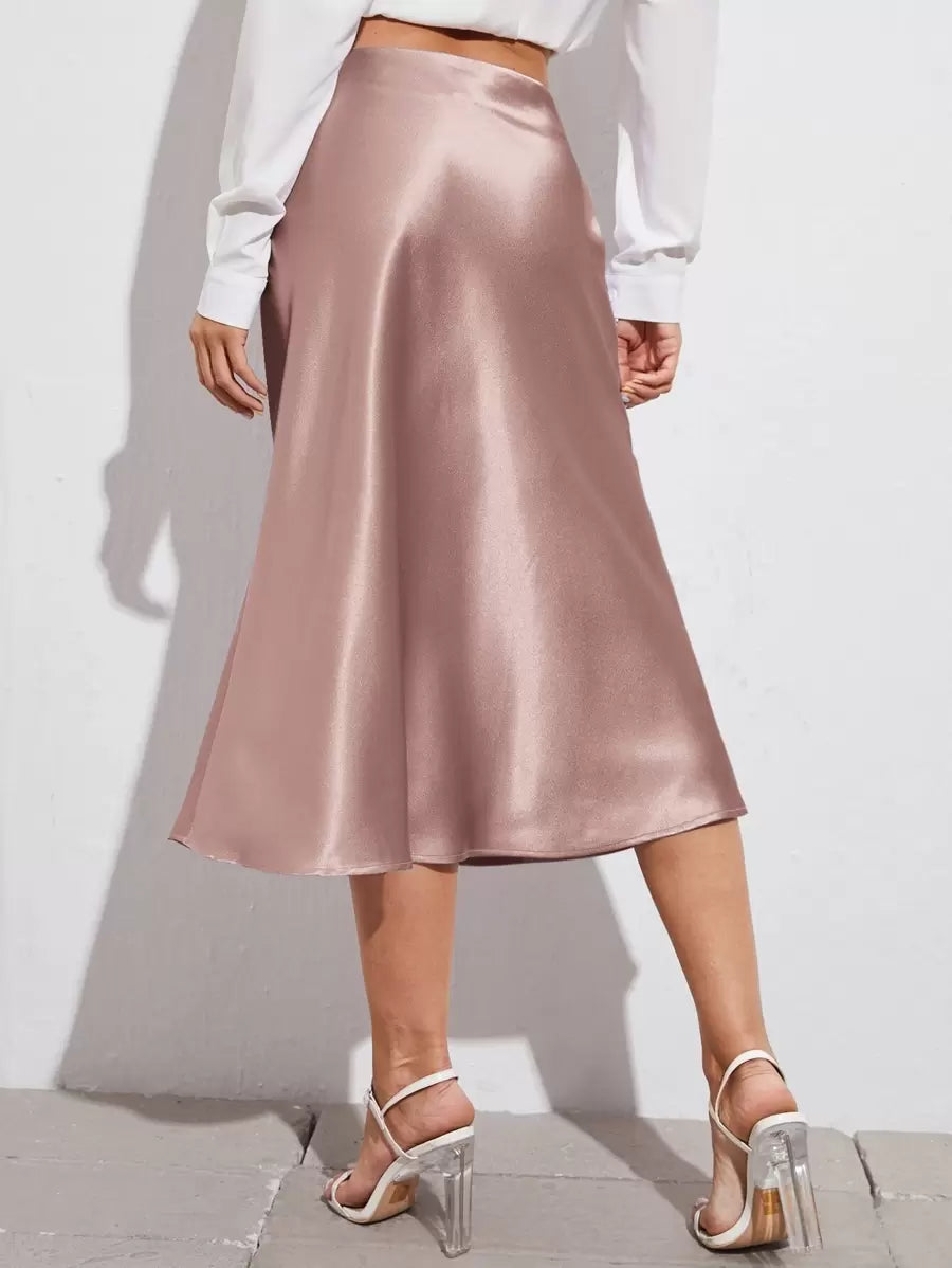Women's Satin Midi Skirt, Side Zip Silky A-Line Skirt for Evening and Wedding Guest - Navy Blue