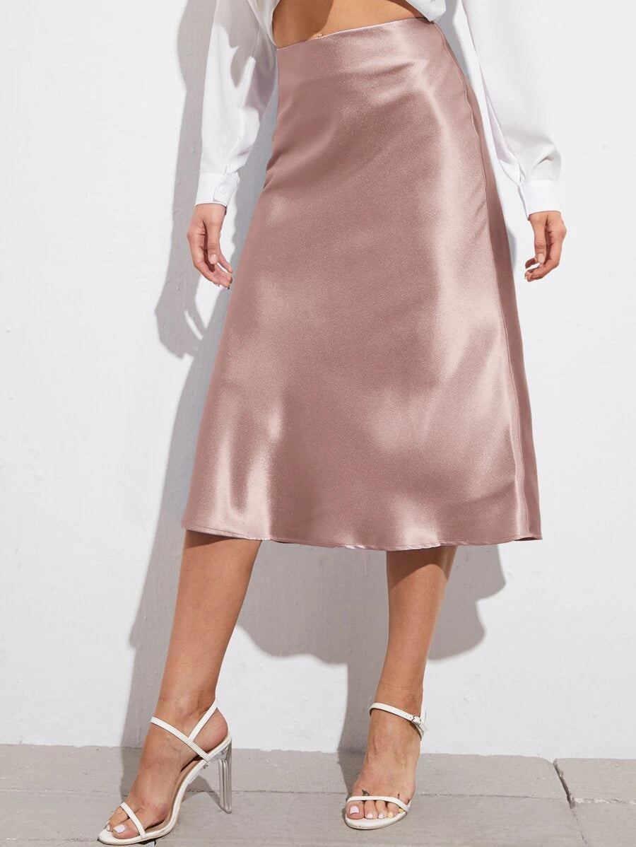 Women's Satin Midi Skirt, Side Zip Silky A-Line Skirt for Evening and Wedding Guest - Burgundy
