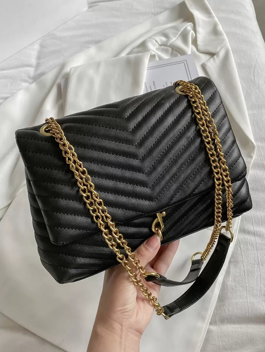 Annecy Chevron Quilted Chain Strap Crossbody Bag - Black
