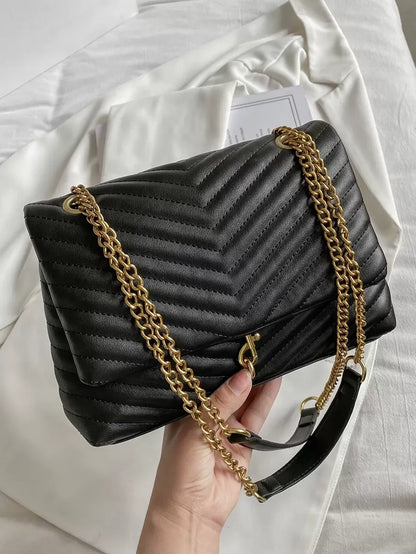 Annecy Chevron Quilted Chain Strap Crossbody Bag - Black