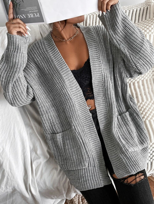 Ines Dual Pocket Ribbed Knit Cardigan - Grey