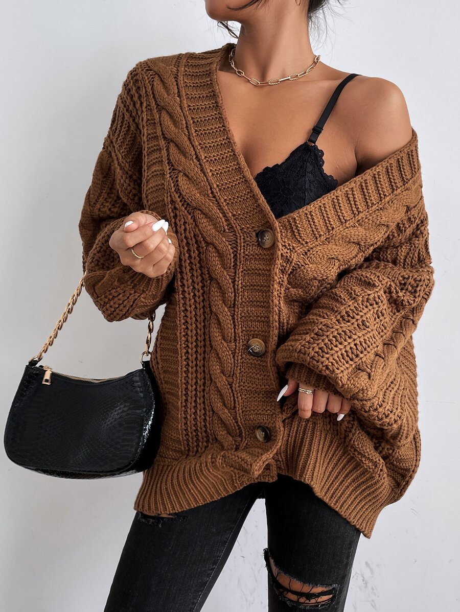 Adelaide Cable Knit Bishop Sleeve Cardigan - Brown