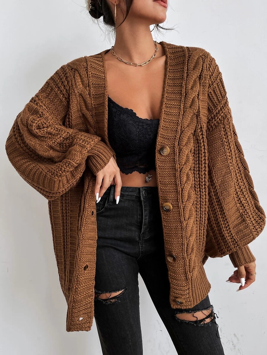 Adelaide Cable Knit Bishop Sleeve Cardigan - Beige
