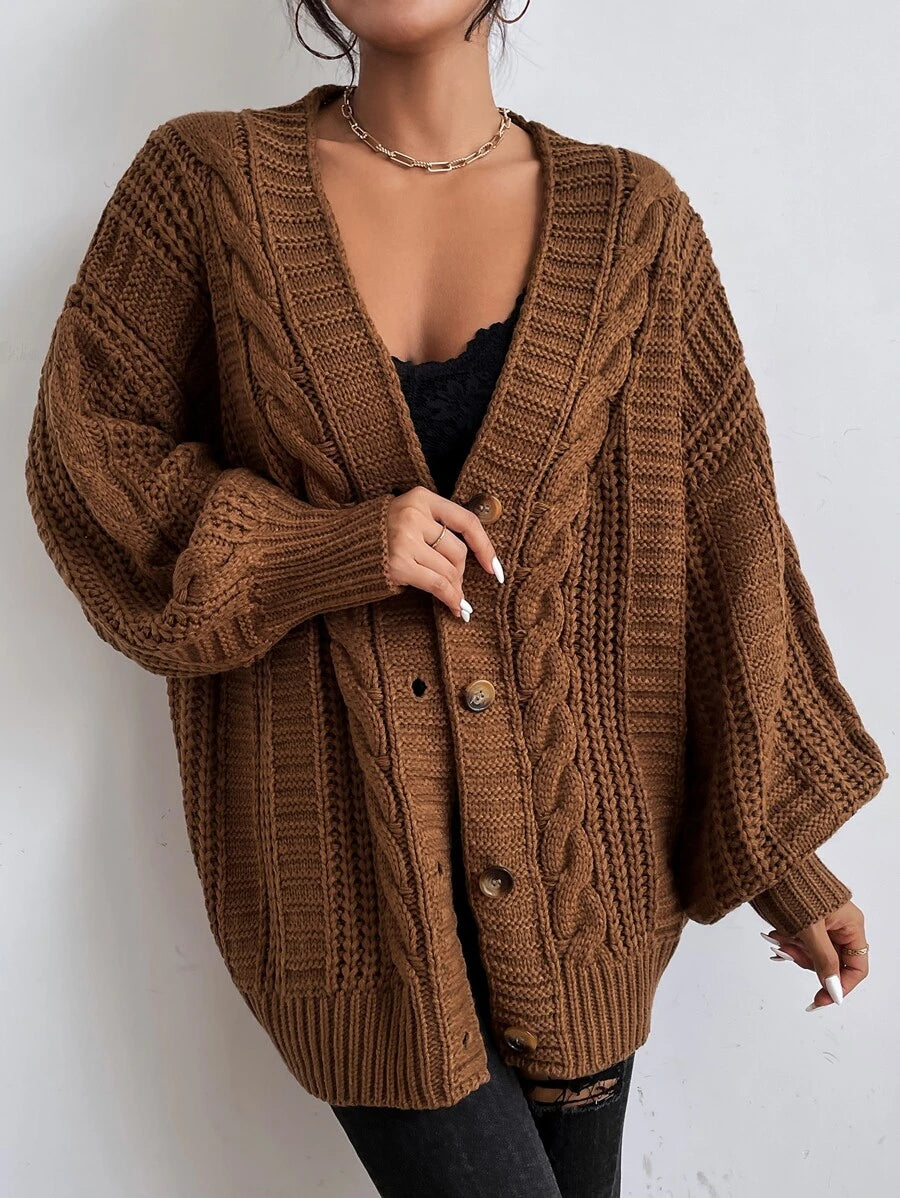 Adelaide Cable Knit Bishop Sleeve Cardigan - Burgundy