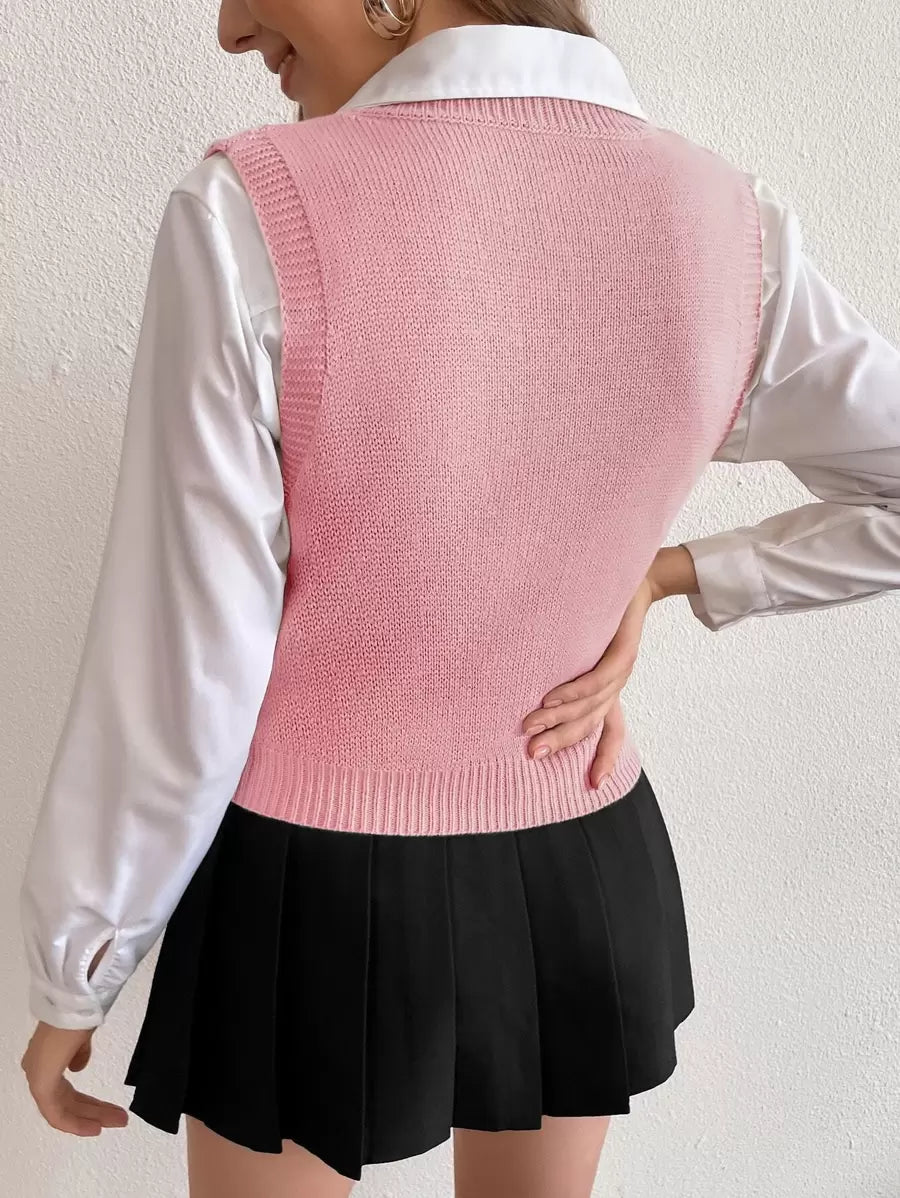 Winifred Classic Cable Knit V-Neck Sleeveless Sweater Vest - Pink