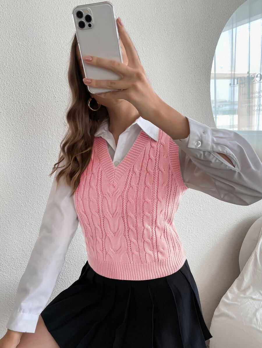 Winifred Classic Cable Knit V-Neck Sleeveless Sweater Vest - Pink