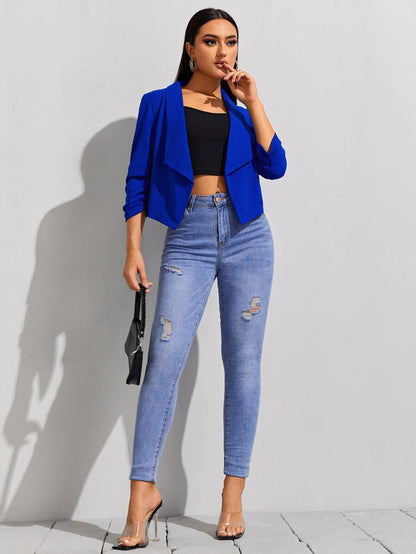 Diana Shawl Collar Ruched Crop Blazer - White