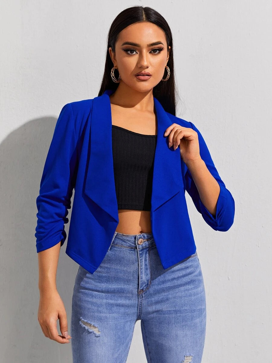 Diana Shawl Collar Ruched Crop Blazer - Navy Blue