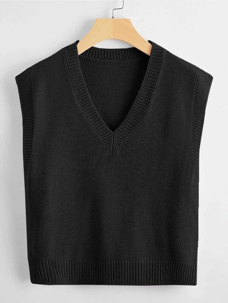 Marisa Fine Knit V-Neck Sleeveless Sweater Vest - Black