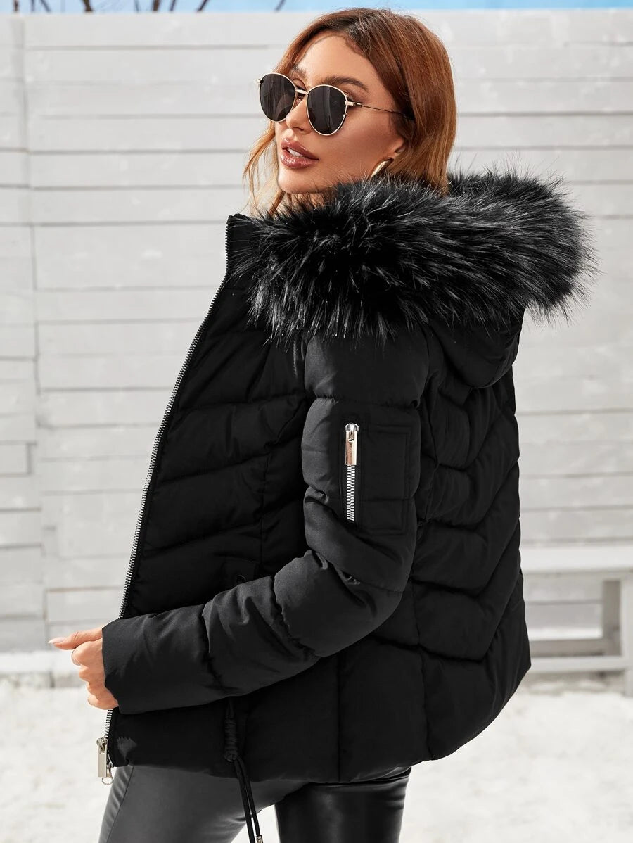Blythe Faux Fur Trim Hooded Puffer Coat with Zip Front - Black