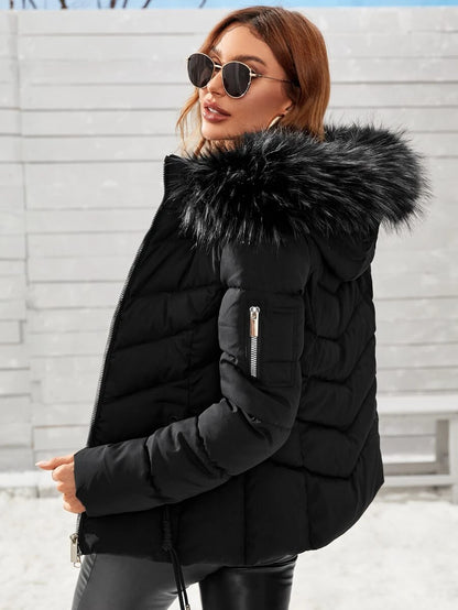 Blythe Faux Fur Trim Hooded Puffer Coat with Zip Front - Black