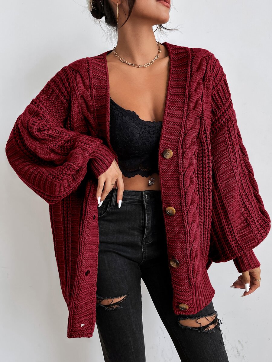 Adelaide Cable Knit Bishop Sleeve Cardigan - Burgundy
