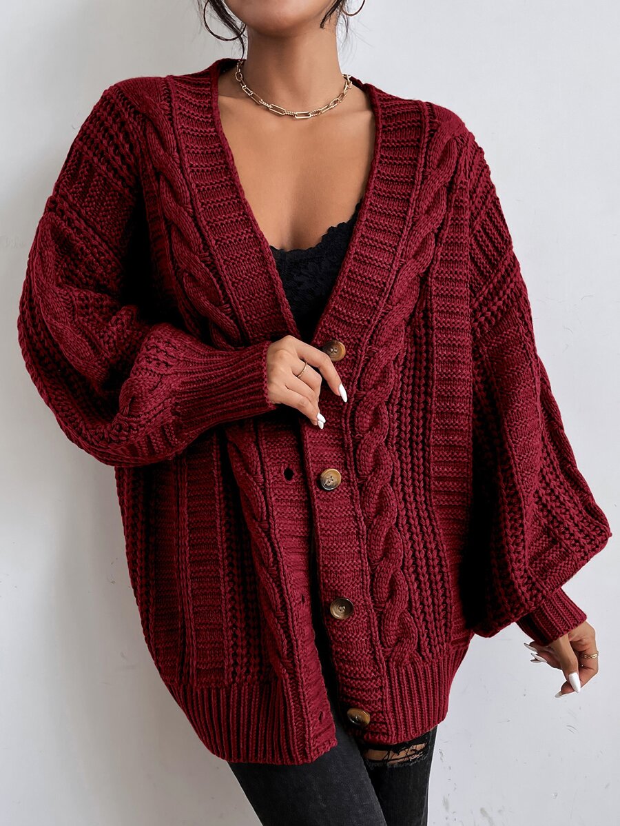 Adelaide Cable Knit Bishop Sleeve Cardigan - Coffee Brown