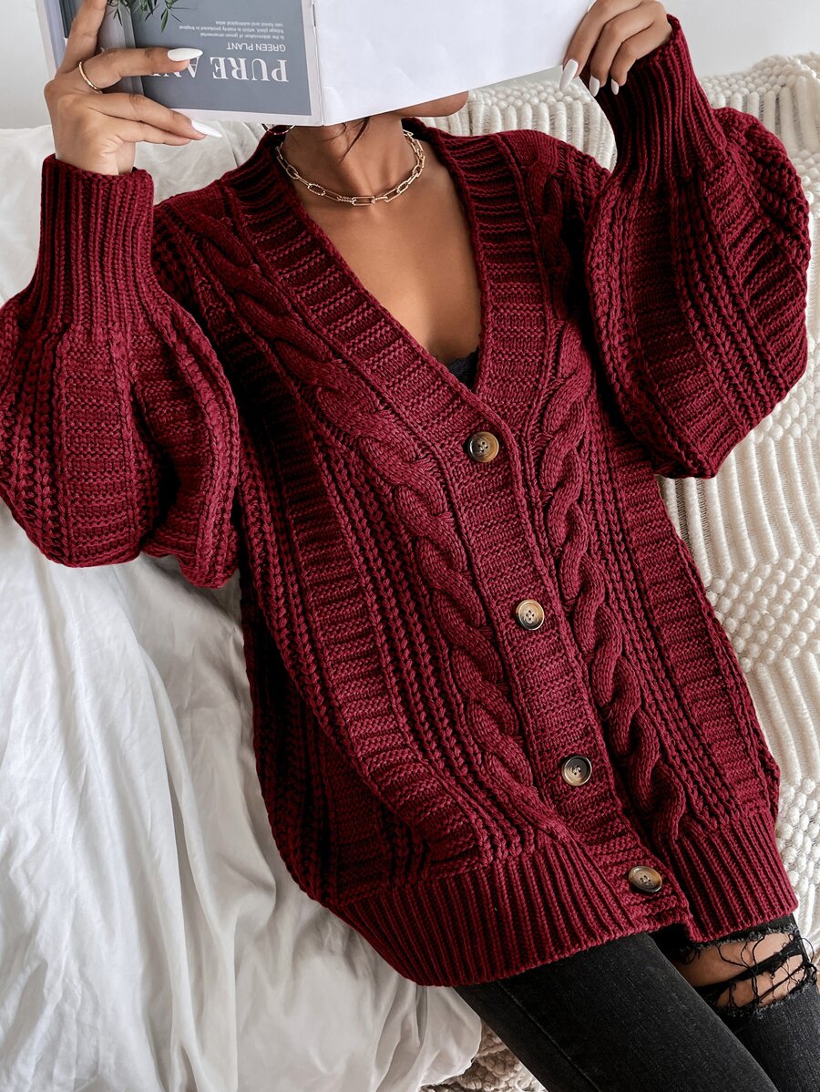 Adelaide Cable Knit Bishop Sleeve Cardigan - Olive Green