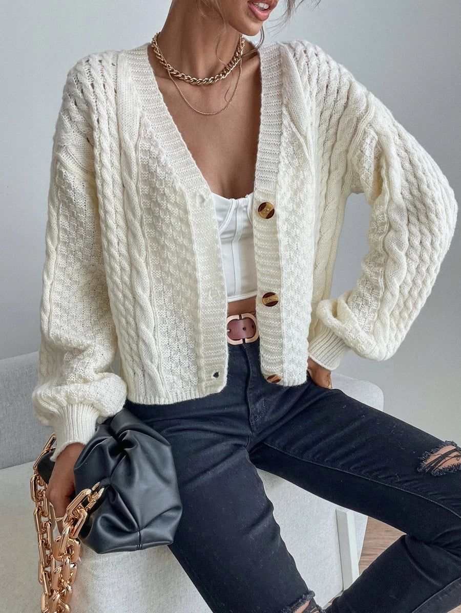 Romilly Cropped Cable Knit Cardigan with Button Front - Cream