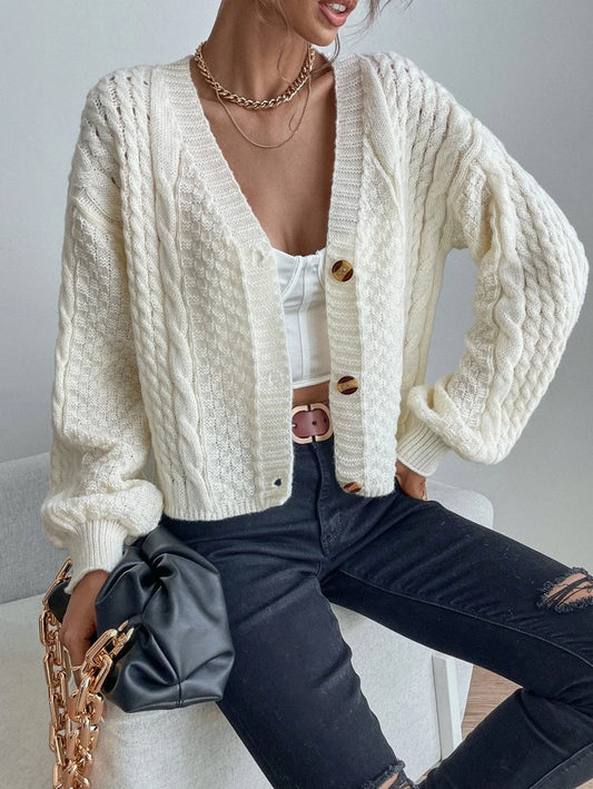 Romilly Cropped Cable Knit Cardigan with Button Front - Cream
