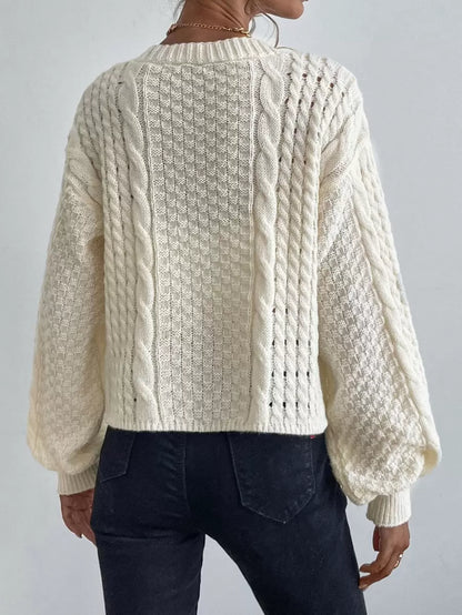 Romilly Cropped Cable Knit Cardigan with Button Front - Cream