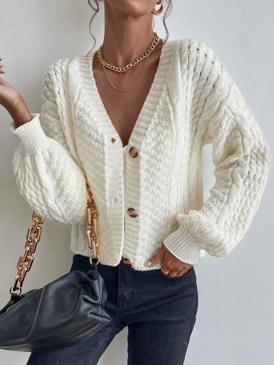 Romilly Cropped Cable Knit Cardigan with Button Front - Cream