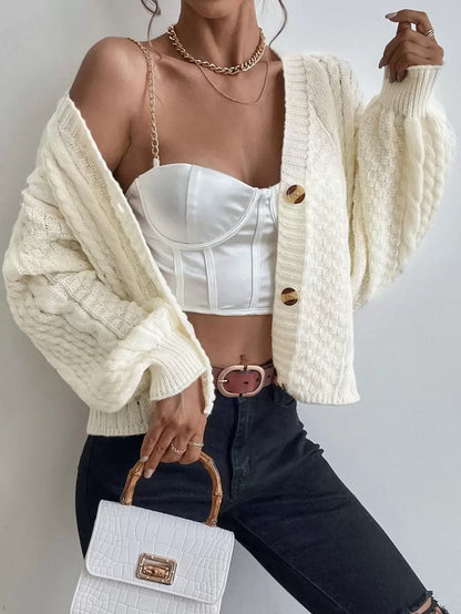Romilly Cropped Cable Knit Cardigan with Button Front - Cream
